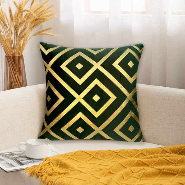 Luxury Foil Print Green and Golden Velvet Cushion 16 x 16 inches 1040053