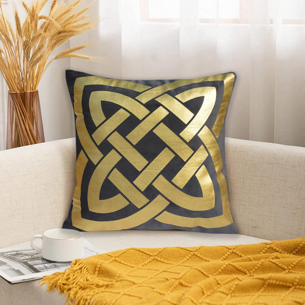 Luxury Foil Print Grey and Golden Velvet Cushion 16 x 16 inches 1040082