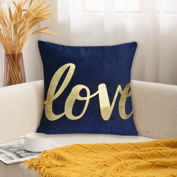 Luxury Foil Print Navy Blue and Golden Velvet Cushion 16 x 16 inches 1040073