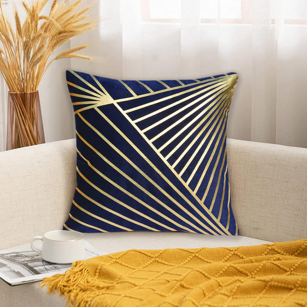 Luxury Foil Print Navy Blue and Golden Velvet Cushion 16 x 16 inches 1040476