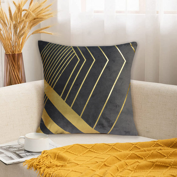 Luxury Foil Print Grey and Golden Velvet Cushion 16 x 16 inches 1040080