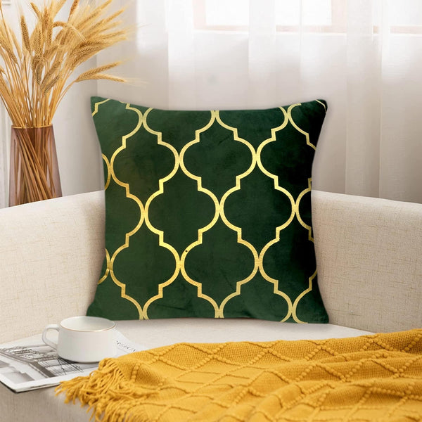 Luxury Foil Print Green and Golden Velvet Cushion 16 x 16 inches 1040060