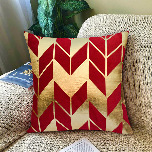 Luxury Foil Print Red and Golden Velvet Cushion 16 x 16 inches 1040016