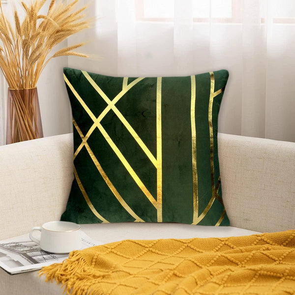 Luxury Foil Print Green and Golden Velvet Cushion 16 x 16 inches 1040051