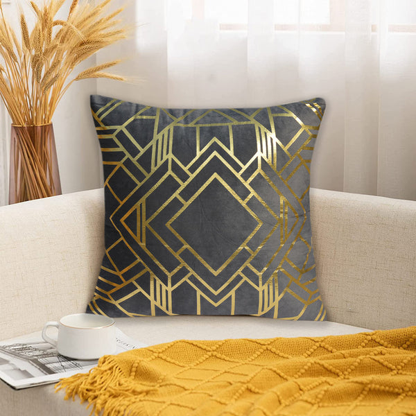 Luxury Foil Print Grey and Golden Velvet Cushion 16 x 16 inches1040282