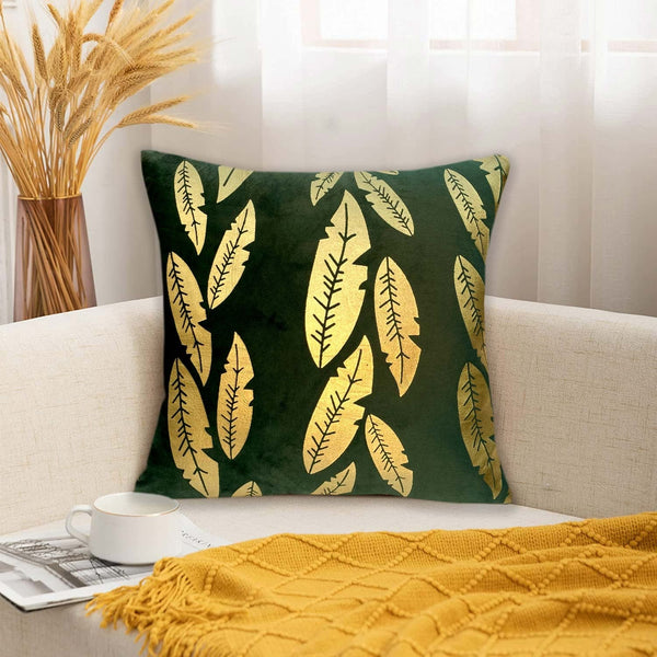 Luxury Foil Print Green and Golden Velvet Cushion 16 x 16 inches 1040052