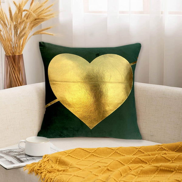Luxury Foil Print Green and Golden Velvet Cushion 16 x 16 inches 1040046
