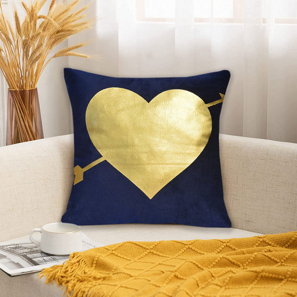 Luxury Foil Print Navy Blue and Golden Velvet Cushion 16 x 16 inches 1040063