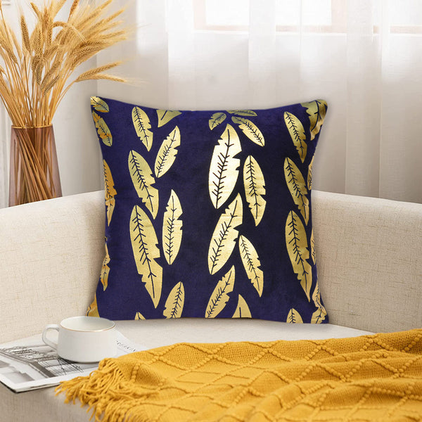 Luxury Foil Print Navy Blue and Golden Velvet Cushion 16 x 16 inches 1040067