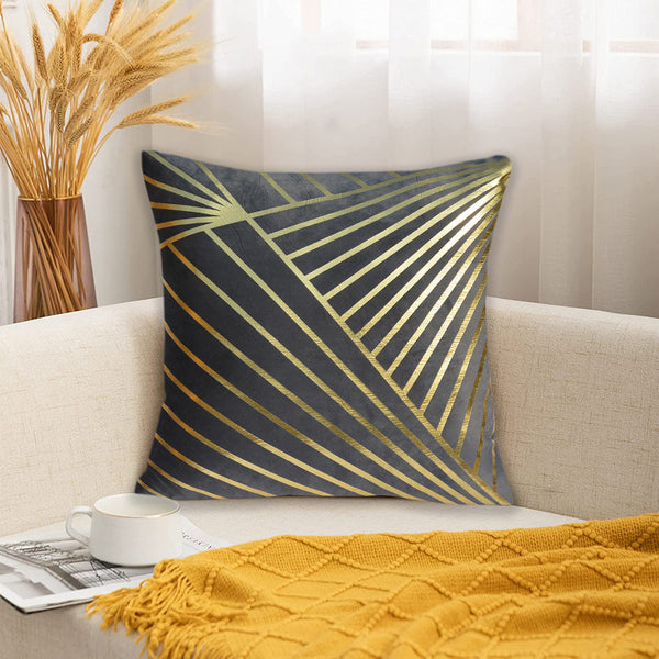 Luxury Foil Print Grey and Golden Velvet Cushion 16 x 16 inches 1040089