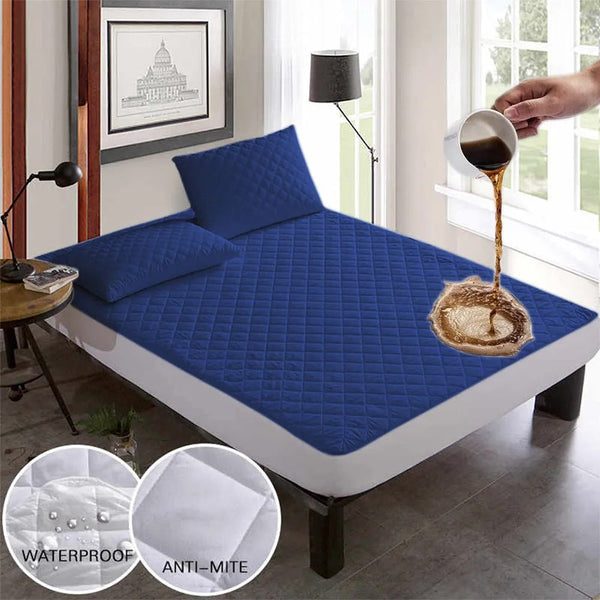 Soft Cotton Quilted 100% Waterproof Fitted Mattress Protector In Blue Color