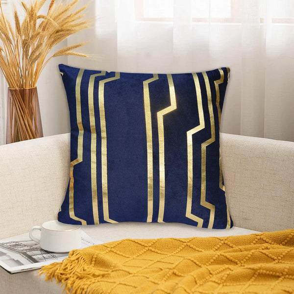 Luxury Foil Print Navy Blue and Golden Velvet Cushion 16 x 16 inches 1040070