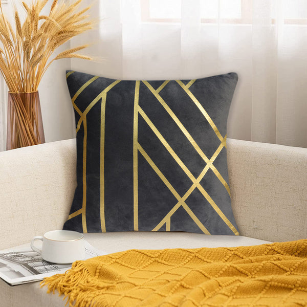 Luxury Foil Print Grey and Golden Velvet Cushion 16 x 16 inches 1040095