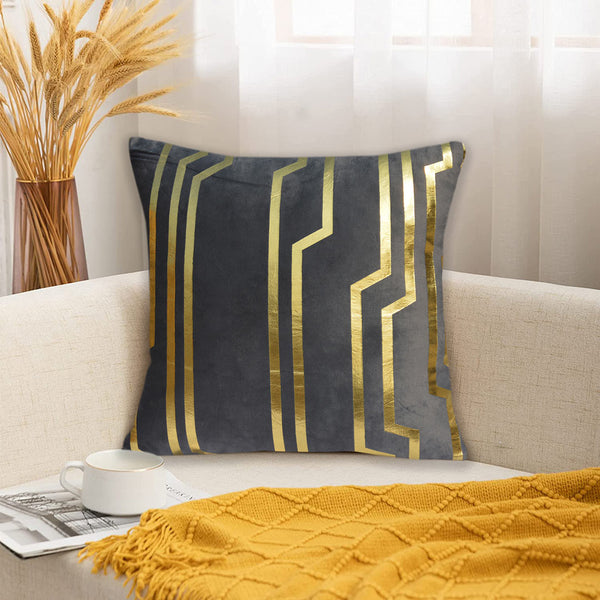 Luxury Foil Print Grey and Golden Velvet Cushion 16 x 16 inches 1040091