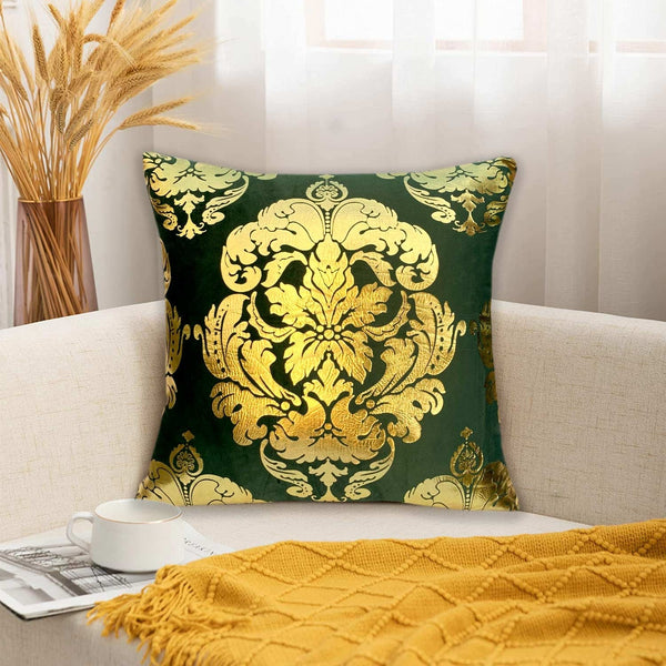 Luxury Foil Print Green and Golden Velvet Cushion 16 x 16 inches 1040049