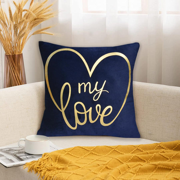 Luxury Foil Print Navy Blue and Golden Velvet Cushion 16 x 16 inches 1040066