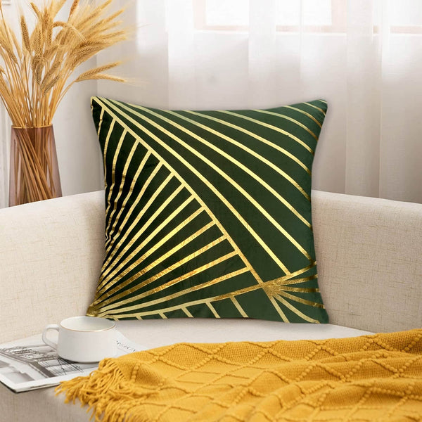 Luxury Foil Print Green and Golden Velvet Cushion 16 x 16 inches 1040056