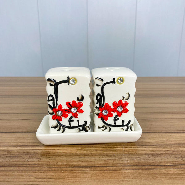 Black & Red Spice Containers With Ceramic Tray