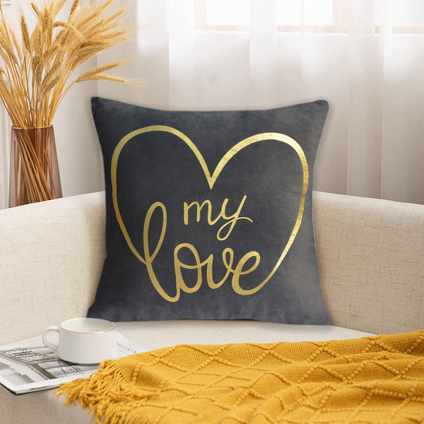 Luxury Foil Print Grey and Golden Velvet Cushion 16 x 16 inches 1040086