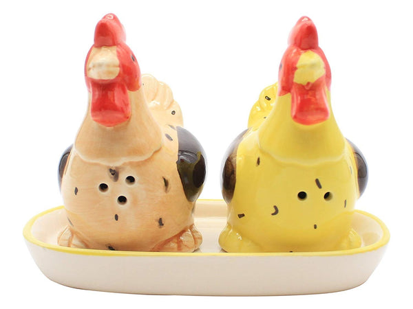 Perfecto Cute Hen Shaped Colorful Salt & Pepper Shaker with Mini Tray- 3 Pieces Set