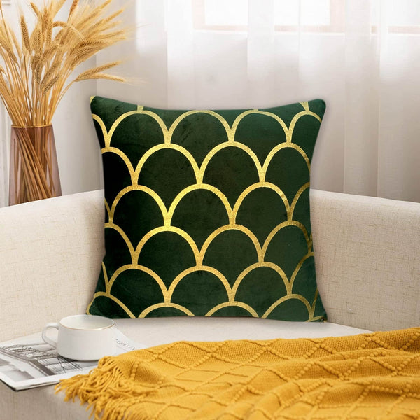 Luxury Foil Print Green and Golden Velvet Cushion 16 x 16 inches 1040050