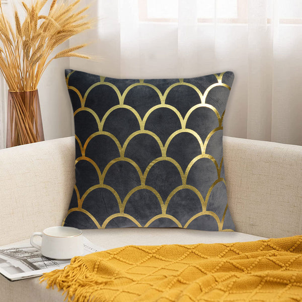 Luxury Foil Print Grey and Golden Velvet Cushion 16 x 16 inches 1040094