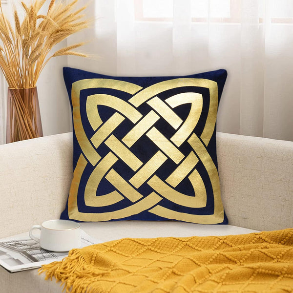 Luxury Foil Print Navy Blue and Golden Velvet Cushion 16 x 16 inches 1040068