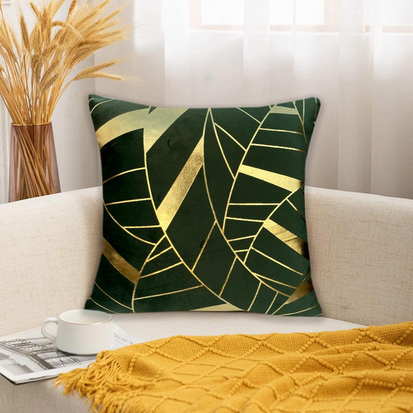 Luxury Foil Print Green and Golden Velvet Cushion 16 x 16 inches 1040043