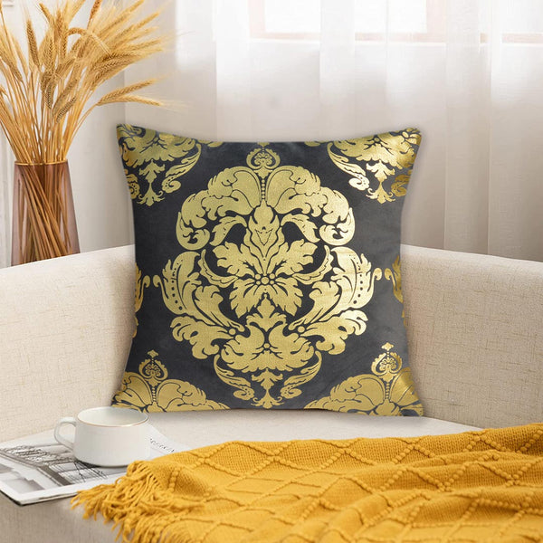 Luxury Foil Print Grey and Golden Velvet Cushion 16 x 16 inches 1040085