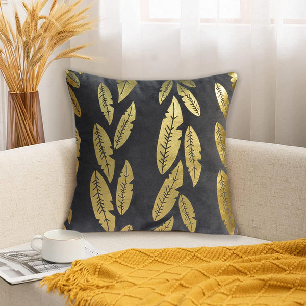 Luxury Foil Print Grey and Golden Velvet Cushion 16 x 16 inches 1040079