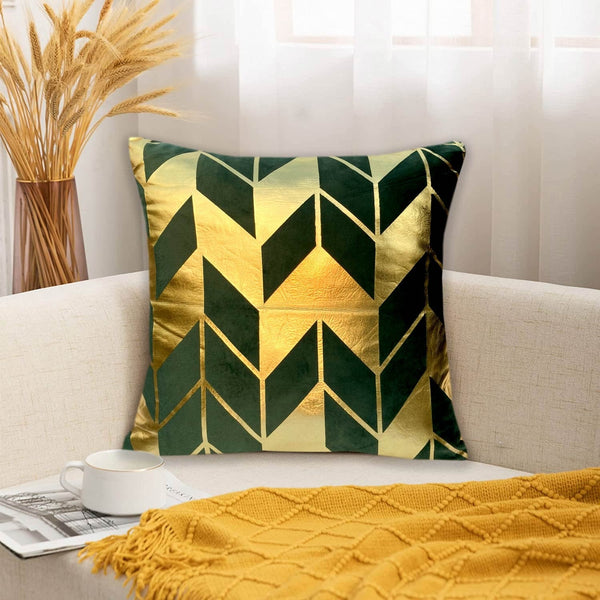 Luxury Foil Print Green and Golden Velvet Cushion 16 x 16 inches 1040041