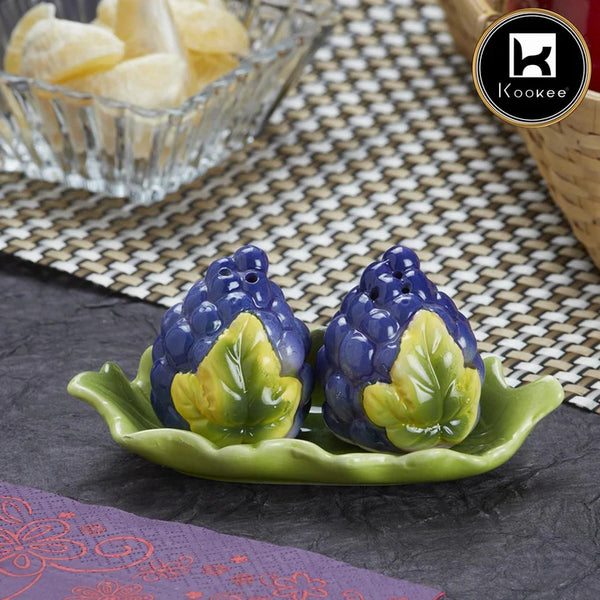 Grapes Style Ceramic Salt & Pepper Shaker With Ceramic Tray